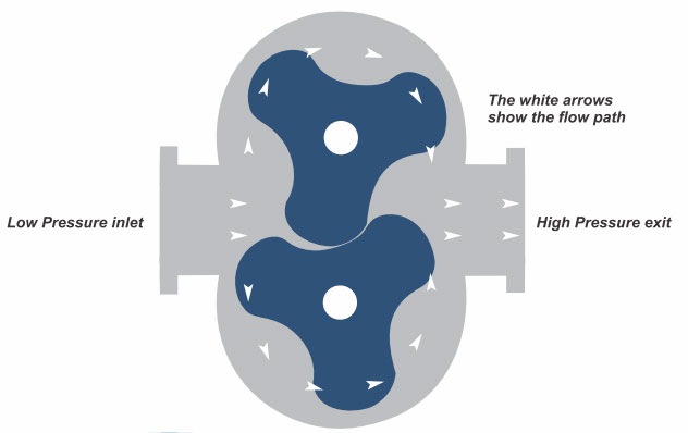 A Roots blower with tri-lobed rotors.